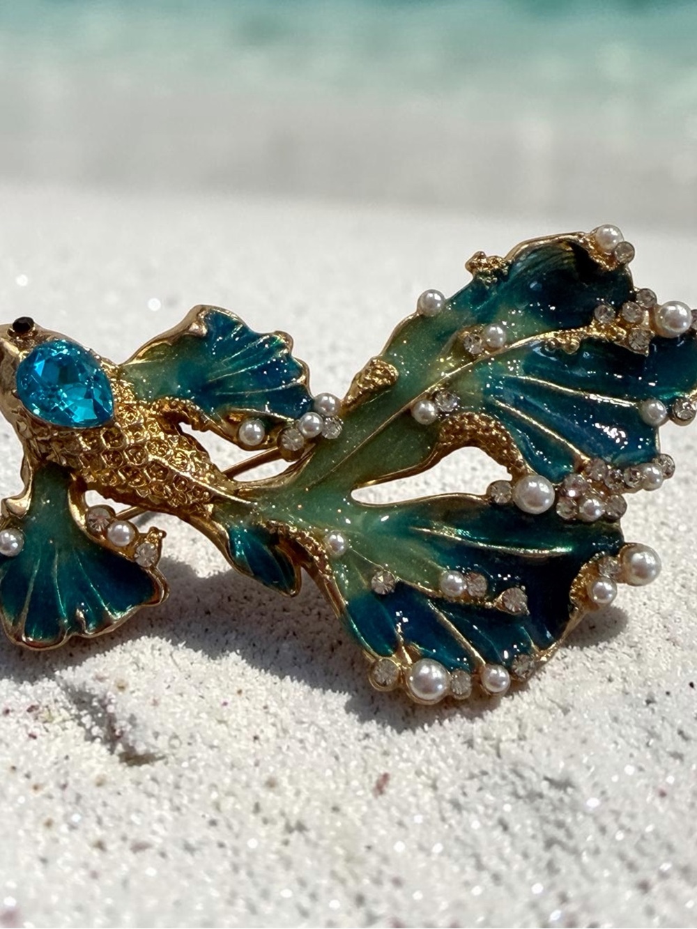 Gold-Tone Seafoam Green Fish Brooch with Blue Crystal and Pearls